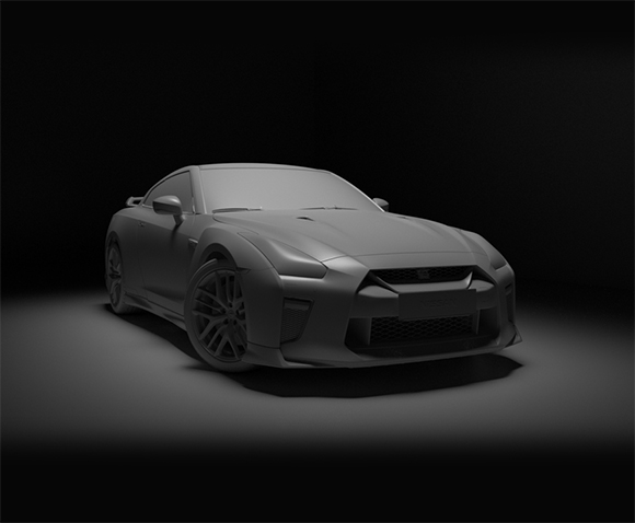 A matte grey 3D model of a sports coupe positioned in a dark, minimalist studio with dramatic lighting.