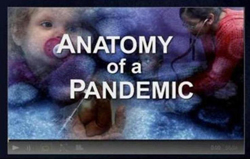 Text reading 'ANATOMY of a PANDEMIC' over a collage of a child with a pacifier and a person using a stethoscope.