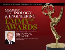 Gold Emmy Award trophy on a red background with text announcing the 62nd Annual Technology & Engineering Emmy Awards.