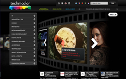 Website interface for Technicolor featuring a film strip carousel with various media images.
