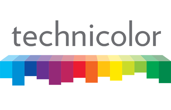 Technicolor wordmark in gray above a horizontal bar of multicolored rectangular blocks.