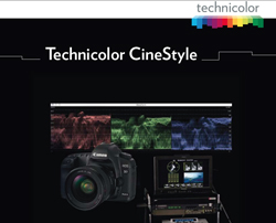 Technicolor CineStyle text above a digital camera, monitor displaying color waveforms, and video equipment.