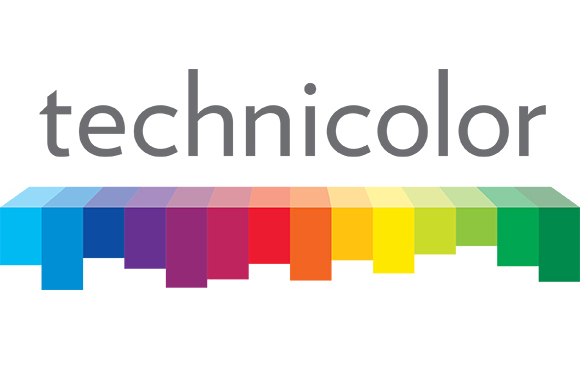 Technicolor wordmark above a horizontal bar of multicolored rectangular blocks.