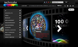 Technicolor website interface with a film strip graphic and menu options on a dark background.