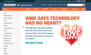 Tekserve website banner with text 'Who says technology has no heart?' and a pixelated heart graphic.