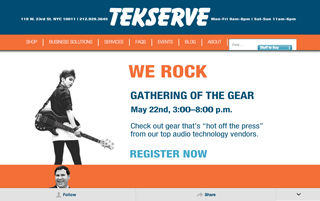 Promotional banner for Tekserve's Gathering of the Gear event on May 22nd featuring a person playing a bass guitar.