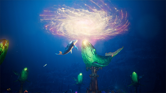 Animated whales swim toward a bright, swirling galaxy of light in a deep blue ocean.