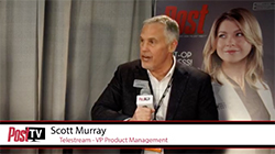Scott Murray, VP of Product Management at Telestreams, speaks into a microphone during a presentation.