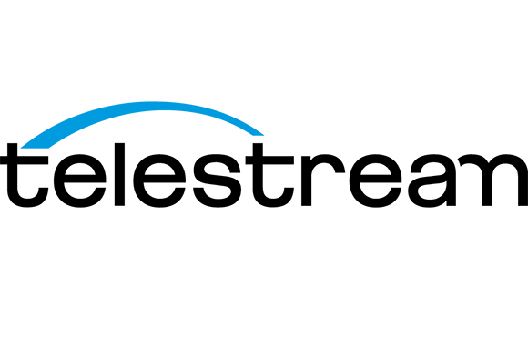 Telestream logo featuring black lowercase text with a blue arc above it.