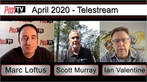 Three men appearing in separate video frames for a Telestream call in April 2020.