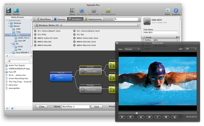 Software interface showing video encoding workflows and a preview window of a swimmer.