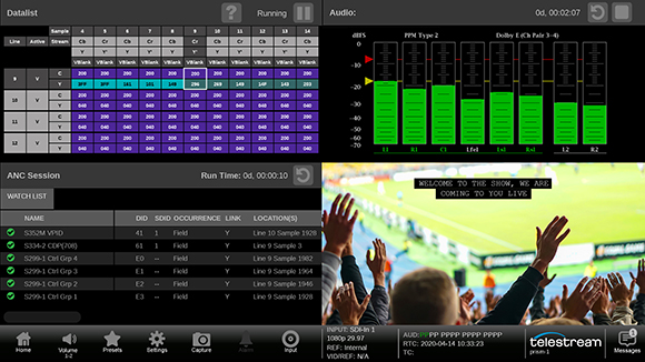 Split screen showing audio data tables, frequency meters, and a live broadcast of a stadium crowd.