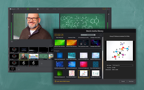 A video editing software interface layered with a stock media library window containing various scientific images.