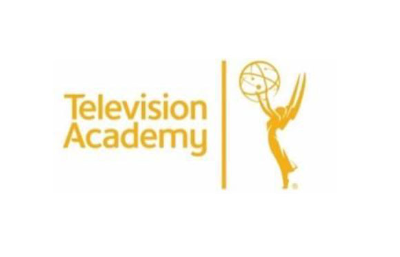 Yellow Television Academy text logo next to a vertical line and an icon of a winged figure holding a globe.