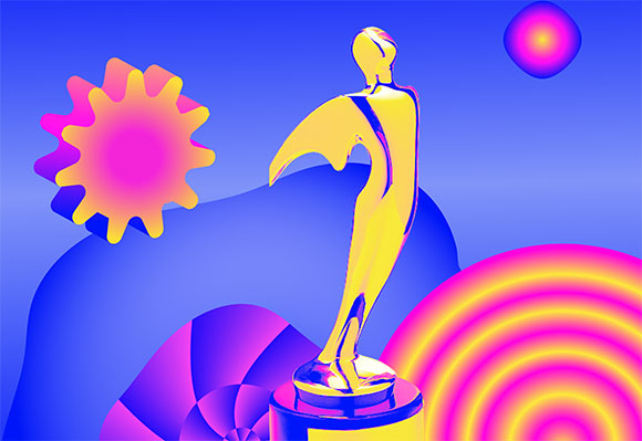 A golden stylized human figure stands amidst pink and yellow geometric shapes on a blue background.