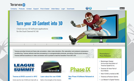 Teranex website showing a football player breaking out of a computer monitor with 3D text.