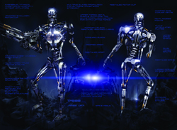 Two views of a metallic humanoid robot endoskeleton against a dark background with blue light flares.