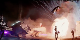 A massive explosion illuminates a truck and a flying vehicle in a dark, smoky landscape.