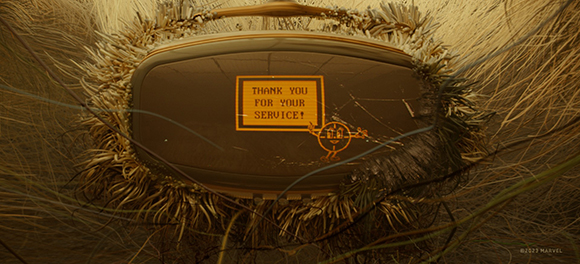 A vintage television screen showing orange text 'THANK YOU FOR YOUR SERVICE!' surrounded by tangled wires.