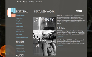 Website layout with dark gray background, white text, and black and white images of people and a car.