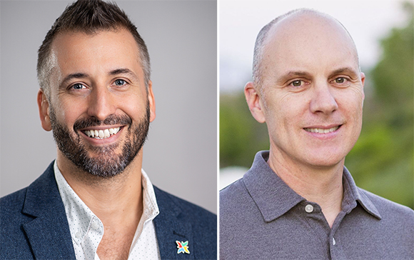 Two men smiling in portrait headshots against neutral and outdoor backgrounds.