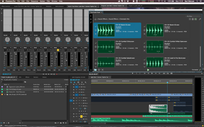 A digital audio workstation interface showing multiple mixer tracks, waveform displays, and a timeline.