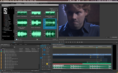 A video editing software interface showing a timeline, audio waveforms, and a video preview of a man.