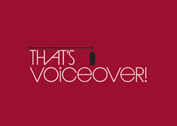 White text reading 'THAT'S VOICEOVER!' with a stylized microphone icon on a dark red background.