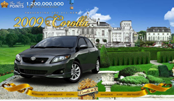 A dark grey 2009 Toyota Corolla parked on a stone path in front of a grand white mansion and manicured gardens.