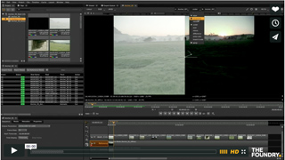A complex video editing software interface showing multiple timelines, media panels, and video preview windows.