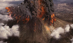 A large volcano erupting with thick black ash clouds and bright orange lava flows.
