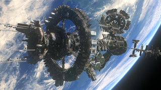 A large, complex ring-shaped space station orbiting a blue planet with white clouds.