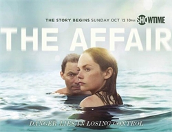 A man and a woman look out from the water with the title 'THE AFFAIR' in large white letters above them.