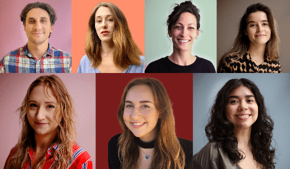 Seven portrait headshots of diverse individuals arranged in two rows against various solid colored backgrounds.