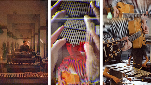 Three panels showing a pianist, a person playing a kalimba, and a guitarist with glitchy, layered effects.