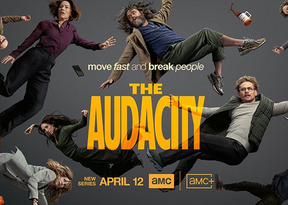 People floating in various poses against a gray background with the title 'The Audacity' in large yellow letters.