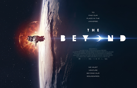 A spaceship flies near a large planet against a dark starry background with the title 'The Beyond'.