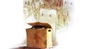 An open wooden crate sits in front of a faded, sketch-like illustration of figures.