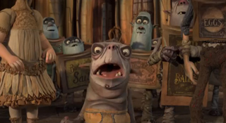 Several stylized, wide-eyed animated characters stand in a crowded market setting.