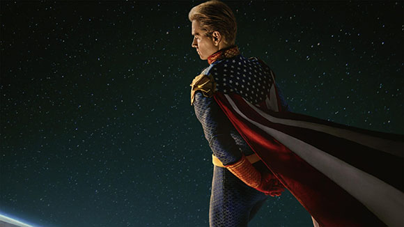 A man in a blue and red superhero suit with a cape looking out at a starry night sky.