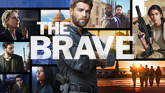 Collage of various characters from the TV show The Brave, featuring a central man in a dark shirt.