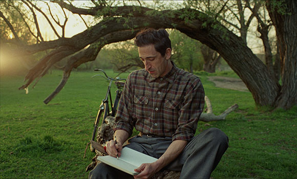 A man in a plaid shirt sits on a log writing in a notebook under a large, leaning tree at sunset.