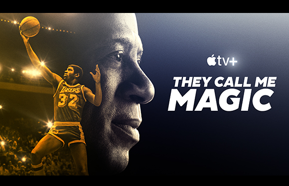 A large profile of a man's face overlaid with a basketball player in a Lakers jersey performing a layup.
