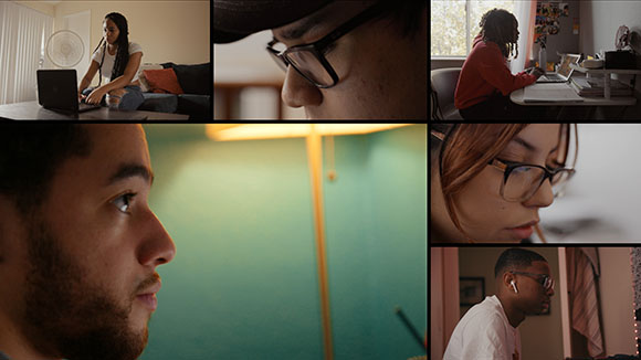 Collage of six close-up and medium shots of people using laptops and phones in various indoor settings.