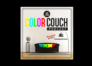 Logo for The Color Couch Podcast featuring a black sofa with colorful pillows against a white wall.