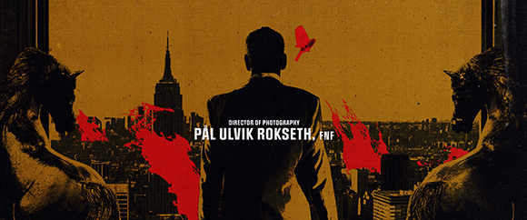 A man in a suit looks out at a city skyline framed by two horse statues on a yellow background.