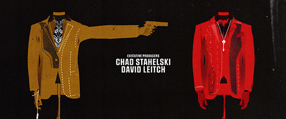 Graphic illustration of a tan suit holding a gun and a red suit on a black background.