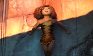 An animated girl with reddish-brown hair wearing a tiger-print outfit leans against a sunlit rock wall.