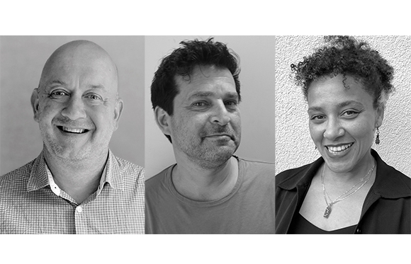 Three black and white headshots of a smiling man, a man with a neutral expression, and a smiling woman.
