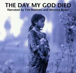 A young girl in a patterned dress stands in a field of flowers under the title 'The Day My God Died'.